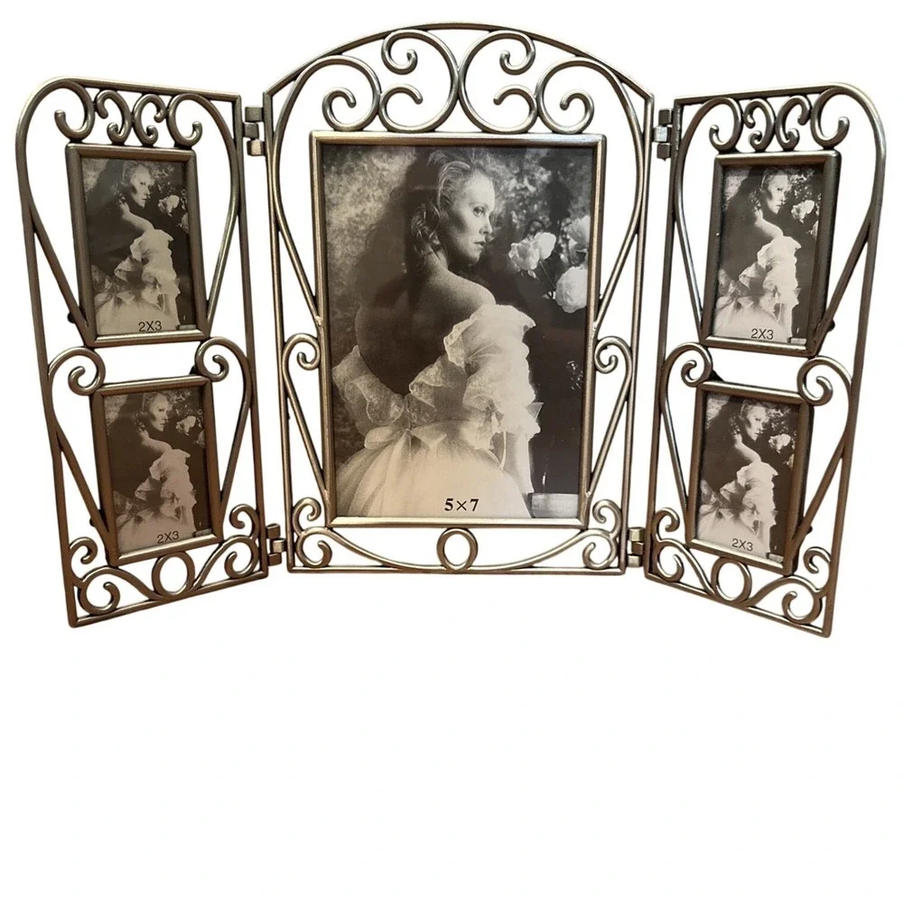 Vintage‎ Trifold Pewter Collage Photo Frame Scroll Work 5 Openings